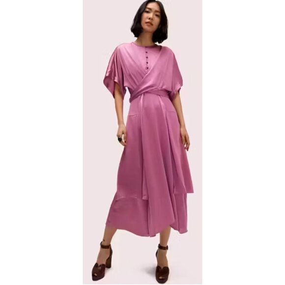 NWT Kate Spade Satin Tie Midi Dress Ruffled Pansy Pink-sz 8 - Picture 1 of 13